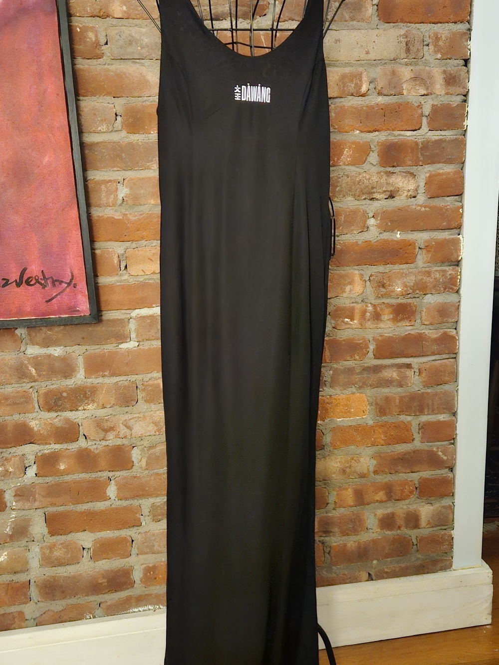 Women's Black Maxi Slip Dress with Logo & Butterfly Clasp  Detail